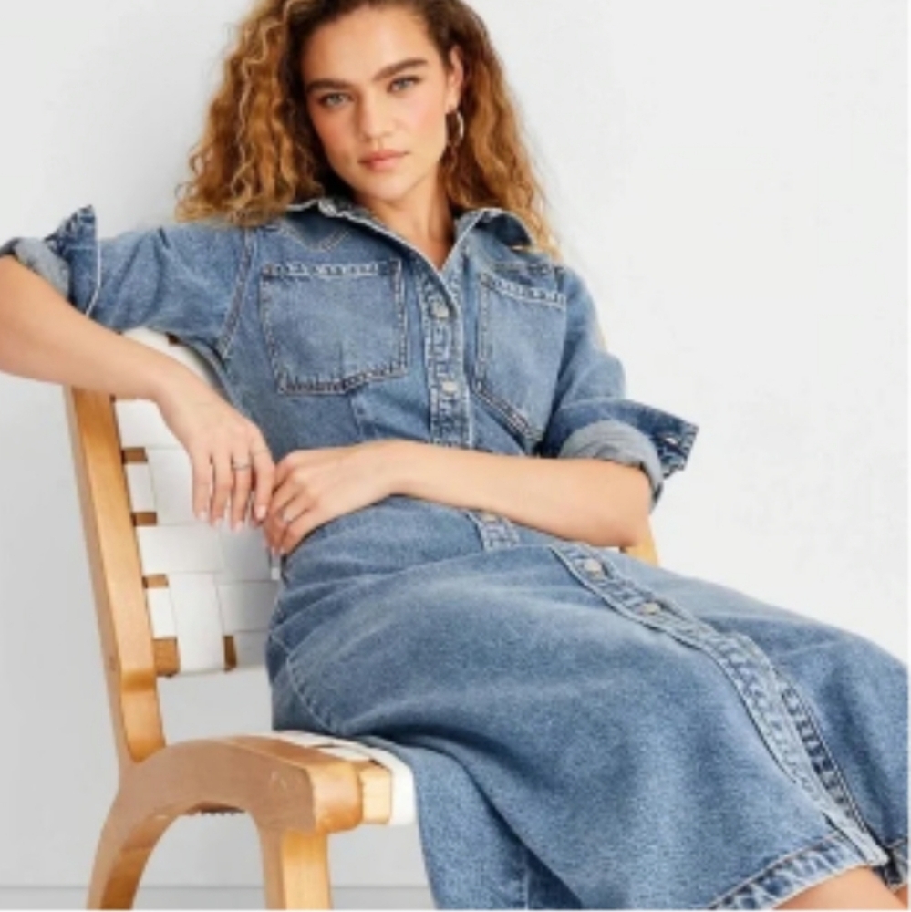 Future Collective Denim Long Sleeve Button Front 100% Cotton Shirt Dress, Size 4 - Picture 4 of 7
